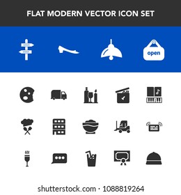 Modern, simple vector icon set with architecture, play, musical, chief, note, store, certificate, diploma, achievement, way, music, business, fashion, dessert, hat, sign, alcohol, sound, wine icons