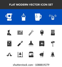 Modern, simple vector icon set with ice, supermarket, restaurant, mixer, dessert, alert, wax, sweet, bar, drink, cup, kitchen, decoration, cream, store, table, hood, bell, fire, food, flame, pan icons