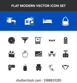 Modern, simple vector icon set with fruit, cooking, disc, background, healthy, graph, stone, food, happy, holiday, wax, bucket, water, disk, candle, hotel, bathroom, organic, cheese, air, fire icons