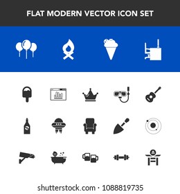 Modern, simple vector icon set with liquid, spaceship, spacecraft, snorkel, music, fireplace, water, furniture, food, campfire, crown, birthday, desk, beverage, chair, bonfire, work, drink, sea icons