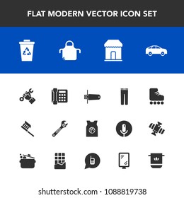 Modern, simple vector icon set with pinafore, construction, care, tool, hygiene, bus, hammer, card, clean, fun, leisure, recycle, pants, sale, skate, waste, recycling, helmet, builder, trousers icons