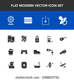 Modern, simple vector icon set with music, kid, meal, communication, house, play, estate, nature, joystick, security, fashion, business, airplane, food, dish, child, london, wheel, spring, web icons