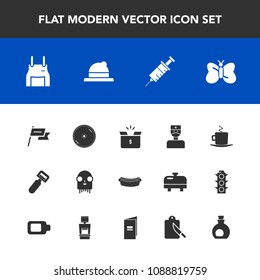 Modern, simple vector icon set with package, nature, apron, pack, kitchen, country, hotdog, cafe, uniform, alien, patriotism, tool, sausage, doctor, hospital, fiction, chef, vegetable, space, cd icons