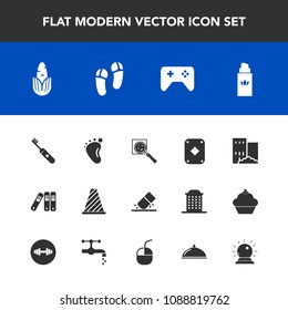Modern, simple vector icon set with bottle, child, eraser, food, brush, poker, corn, rubber, fresh, file, aroma, healthy, health, beauty, play, newborn, search, perfume, game, traffic, street icons