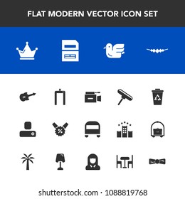 Modern, simple vector icon set with accessory, royal, file, video, transportation, animal, wildlife, roller, human, waste, machine, computer, bus, necklace, jewelry, television, xray, recycling icons