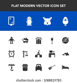 Modern, simple vector icon set with clock, sign, castle, cute, hydrant, technology, medieval, banner, fire, gift, photo, drink, bucket, hour, alcohol, box, construction, decoration, bunny, watch icons