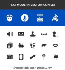 Modern, simple vector icon set with cassette, drink, helmet, asian, foreman, flag, baby, card, bar, celebration, shower, stamp, japanese, up, sound, voice, wine, holiday, identity, audio, tape icons
