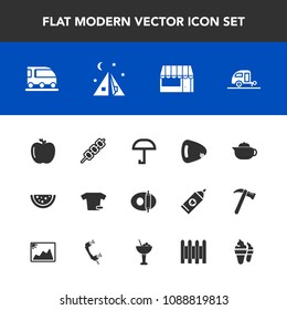 Modern, simple vector icon set with pan, van, vehicle, kebab, watermelon, apple, journey, grilled, food, clothing, tea, store, adventure, rain, healthy, cooking, caravan, hot, barbecue, clothes icons