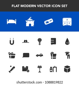 Modern, simple vector icon set with castle, furniture, sign, sky, sheriff, drawer, building, extreme, parachuting, celebration, energy, bedroom, box, paper, travel, water, medieval, talk, tower icons