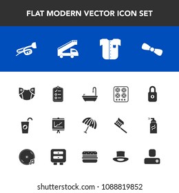 Modern, simple vector icon set with sign, list, checklist, fashion, drink, oven, lock, infant, business, gift, weather, white, truck, transport, umbrella, diaper, baby, fresh, gas, cook, sound icons