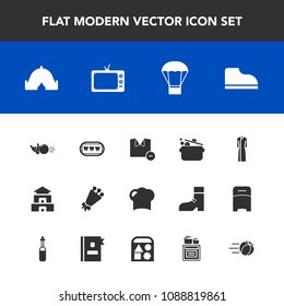 Modern, Simple Vector Icon Set With Fashion, Adventure, Tent, Screen, Bowling, Balloon, Air, Cook, Ball, Chef, Culture, Tv, Dentist, Clothes, Footwear, Pin, Food, Asia, Kitchen, Television, Male Icons