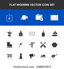 Modern, simple vector icon set with musical, wine, document, business, magic, sign, fun, banner, skating, ship, fly, wand, skate, leisure, travel, drink, theater, butterfly, ocean, pasta, vessel icons