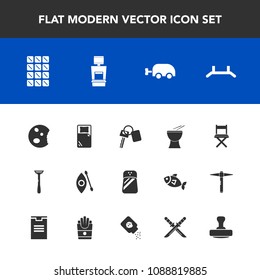 Modern, simple vector icon set with powder, razor, key, up, vehicle, scan, food, katana, pepper, activity, samurai, bed, spice, sword, automobile, machine, kayak, seasoning, japanese, health icons