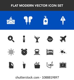 Modern, simple vector icon set with fashion, house, ship, city, alarm, building, cute, helm, danger, flight, liquid, plane, woman, water, mark, soap, drink, aircraft, sad, baby, glass, nautical icons