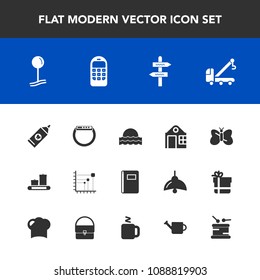 Modern, simple vector icon set with data, map, estate, phone, notebook, sun, pin, direction, gadget, real, insect, vehicle, clean, bag, truck, tow, accident, building, business, health, light icons