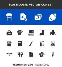 Modern, simple vector icon set with book, cooking, sign, chair, home, game, paper, store, american, page, ball, futuristic, file, android, bbq, jar, grill, sound, armchair, interior, open, food icons