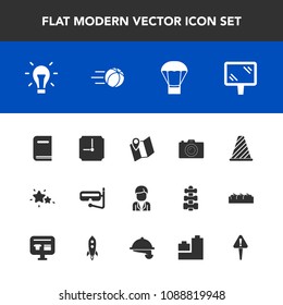 Modern, simple vector icon set with technology, library, education, road, night, camera, photographer, balloon, man, mask, photo, time, book, banner, idea, background, boy, energy, water, light icons