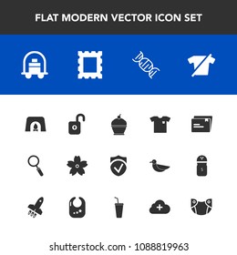 Modern, simple vector icon set with fashion, shirt, clothing, file, new, sakura, pie, security, protection, infant, cherry, baggage, christmas, flower, hotel, fire, glass, food, zoom, sign, dna icons