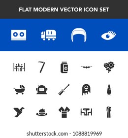 Modern, simple vector icon set with dress, science, truck, jam, space, equipment, child, baby, construction, cargo, wrench, casette, astronaut, hammer, jewelry, accessory, necklace, floral, belt icons