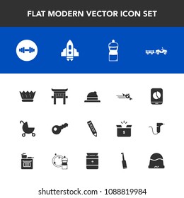 Modern, simple vector icon set with carriage, japan, clothing, chart, departure, travel, king, electric, craft, pencil, gym, airplane, torii, luxury, space, rocket, equipment, pen, spaceship icons