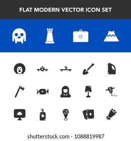 Modern, simple vector icon set with fashion, circus, fiction, mountain, woman, volcano, young, holiday, shovel, tool, can, character, sweet, face, flight, candy, ufo, game, departure, emergency icons