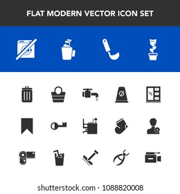 Modern, simple vector icon set with garbage, interior, recycling, bin, dont, key, cooking, sign, hot, table, plant, green, wash, food, street, road, cup, bathroom, bag, leather, traffic, work icons