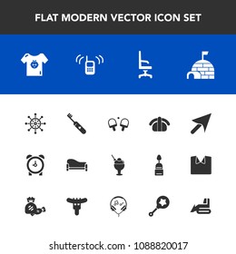 Modern, simple vector icon set with clock, salmon, arctic, kid, web, house, ship, hygiene, couch, baby, seafood, ice, fish, clothes, snow, tennis, home, japan, igloo, sport, time, sushi, alarm icons