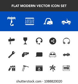 Modern, simple vector icon set with hammer, car, tool, firearm, housework, business, wine, nature, hook, technology, modern, glass, handgun, cleaner, summer, headphone, palm, alcohol, audio, gun icons