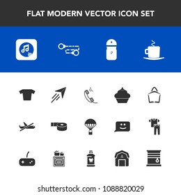Modern, simple vector icon set with note, fly, sky, cup, sticky, tape, doughnut, cake, chain, coffee, sound, interior, office, , drink, sale, cafe, sweet, seasoning, music, parachute, home, bag icons