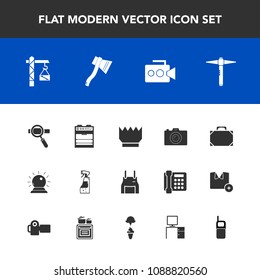 Modern, simple vector icon set with camera, chef, apron, housework, luxury, leather, kitchen, research, mobile, oven, spray, bottle, technology, photo, axe, pinafore, video, equipment, royal icons