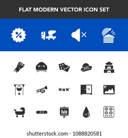 Modern, simple vector icon set with beautiful, fireplace, celebration, sound, percent, sign, price, holiday, floral, pagoda, campfire, bouquet, ufo, success, background, flower, coffee, chef icons