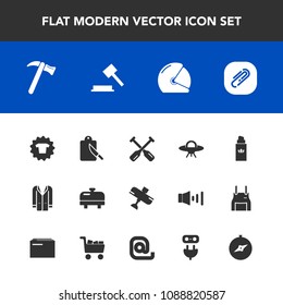 Modern, simple vector icon set with clip, heater, paperclip, motorbike, law, canoe, ufo, clothes, beauty, equipment, airplane, kitchen, coat, rider, motorcycle, aircraft, travel, boiler, fashion icons