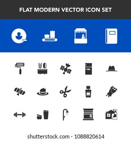 Modern, simple vector icon set with spoon, avatar, headwear, store, refrigerator, fridge, satellite, spray, bag, tool, roller, notebook, shop, sign, paint, remove, roll, food, planet, cleaner icons