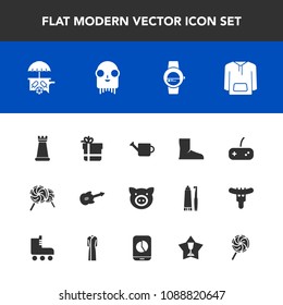 Modern, Simple Vector Icon Set With Food, Candy, Joystick, Smart, Pig, Monster, Achievement, Clothing, Plant, Pork, Strategy, Gadget, Guitar, Game, Animal, Alien, King, Time, Lollipop, Winner Icons