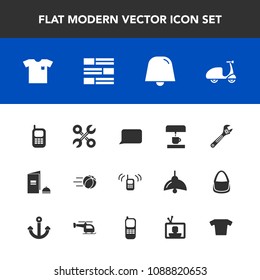 Modern, simple vector icon set with soccer, speech, spanner, bubble, new, call, mobile, news, football, kitchen, newspaper, ringing, ball, hammer, phone, brochure, telephone, wrench, bicycle icons