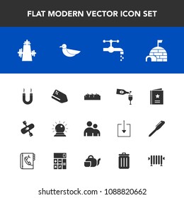 Modern, simple vector icon set with animal, faucet, alcohol, glass, energy, igloo, sorcery, sink, kayak, sign, fruit, human, object, people, favour, price, bathroom, tag, food, snow, box, nature icons