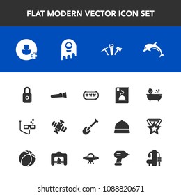 Modern, simple vector icon set with orbit, shovel, flashlight, gym, sport, technology, lamp, white, add, equipment, nature, planet, dolphin, kid, wildlife, light, repair, fiction, security, bath icons