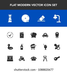 Modern, simple vector icon set with restaurant, check, location, transportation, light, decoration, rubber, erase, beacon, transport, sea, lamp, automobile, animal, bird, white, meat, interior icons