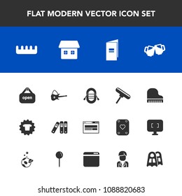Modern, simple vector icon set with guitar, clothing, travel, beauty, fashion, sign, drink, shop, roller, brochure, open, home, pub, book, comb, sea, office, house, brush, paint, paper, music icons