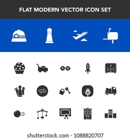 Modern, simple vector icon set with hotel, post, dessert, estate, vacation, replace, strategy, plane, bucket, piece, garden, shovel, launch, travel, lawn, departure, concept, food, glasses, game icons