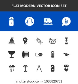 Modern, simple vector icon set with telephone, energy, search, tool, seasoning, hotel, room, call, green, ring, glass, electricity, romance, home, vehicle, ringing, plug, wind, phone, motel, dna icons