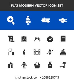 Modern, simple vector icon set with library, education, carrot, document, picture, dessert, home, saturn, doughnut, planet, desk, sunbed, cinema, hygiene, sweet, map, glass, compass, work, raw icons