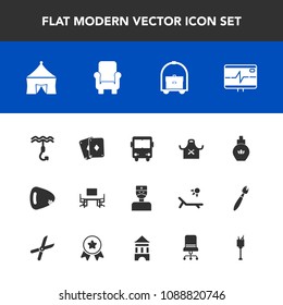 Modern, simple vector icon set with travel, game, hook, heart, restaurant, furniture, desk, medical, chair, room, music, armchair, perfume, hospital, interior, chief, transportation, alcohol icons