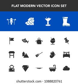 Modern, simple vector icon set with environment, chair, comfortable, nature, kitchen, tree, footwear, cook, armchair, drink, music, alcohol, sea, world, sign, guitar, map, apron, seafood, bar icons