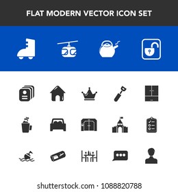 Modern, simple vector icon set with cooking, account, security, kettle, vehicle, crown, car, building, open, profile, spoon, queen, chat, card, identity, user, royal, business, lock, drink, cup icons