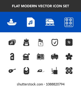 Modern, simple vector icon set with van, food, post, gas, observatory, literature, postage, dessert, security, vehicle, check, letter, library, kitchen, train, file, label, education, bar, mail icons