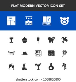 Modern, simple vector icon set with cocktail, cook, basket, cake, light, hat, piglet, dental, flight, pig, travel, sweet, modern, entrance, pork, store, office, alcohol, pie, stove, lantern, gas icons