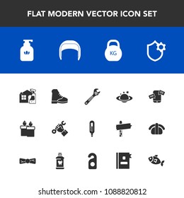 Modern, simple vector icon set with helmet, construction, equipment, flame, weight, sign, planet, soap, hammer, thermometer, fire, wax, earth, industry, spray, nature, phone, worker, work, tool icons