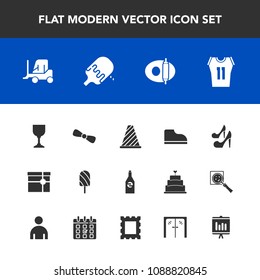 Modern, simple vector icon set with dessert, bow, document, basketball, girl, summer, pan, cooking, report, game, liquid, road, glass, wine, footwear, sweet, truck, traffic, food, transport, box icons