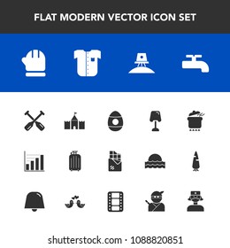 Modern, simple vector icon set with canoe, luggage, holiday, business, bar, food, interior, dinner, scarf, season, clothing, data, meal, chocolate, easter, shirt, lamp, table, winter, diagram icons